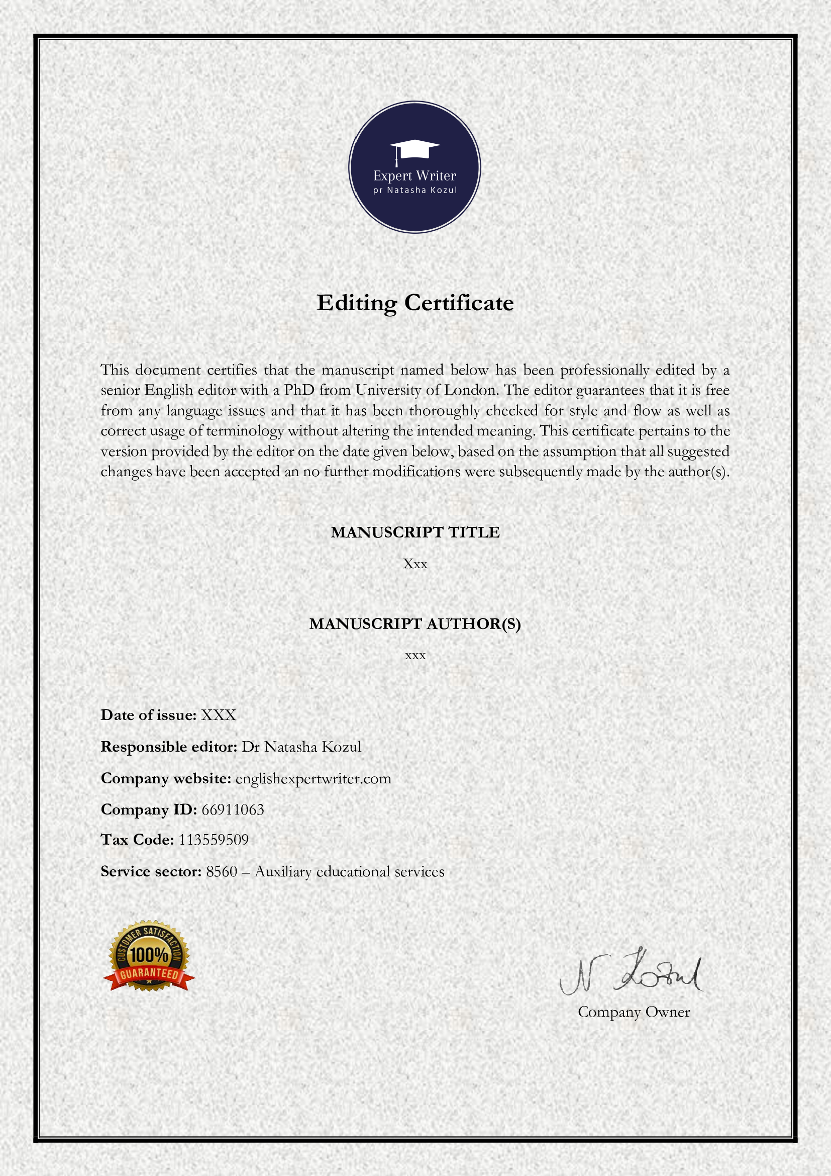 Natasa editing Certificate